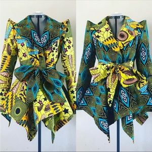 Vibrant Yellow & Teal Printed Tie-Waist Jacket